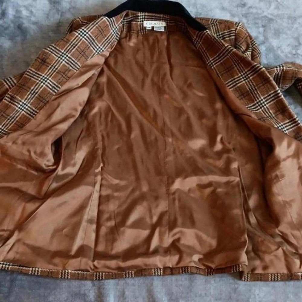 Cottagecore 100% Lambswool Plaid Jacket Vintage Button Coat Black Brown Academia - Picture 7 of 8